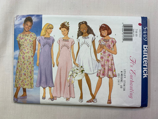 Butterick 5449 Girls' Dress, Size 7-10, Uncut, Vintage 1998