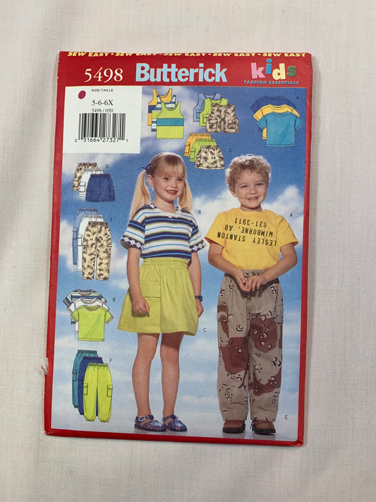 Butterick 5498 Girls' Boys' Vest, Top, Tank Top, Skirt, Shorts, Pants, Size 5-6X, Uncut, Vintage 1998