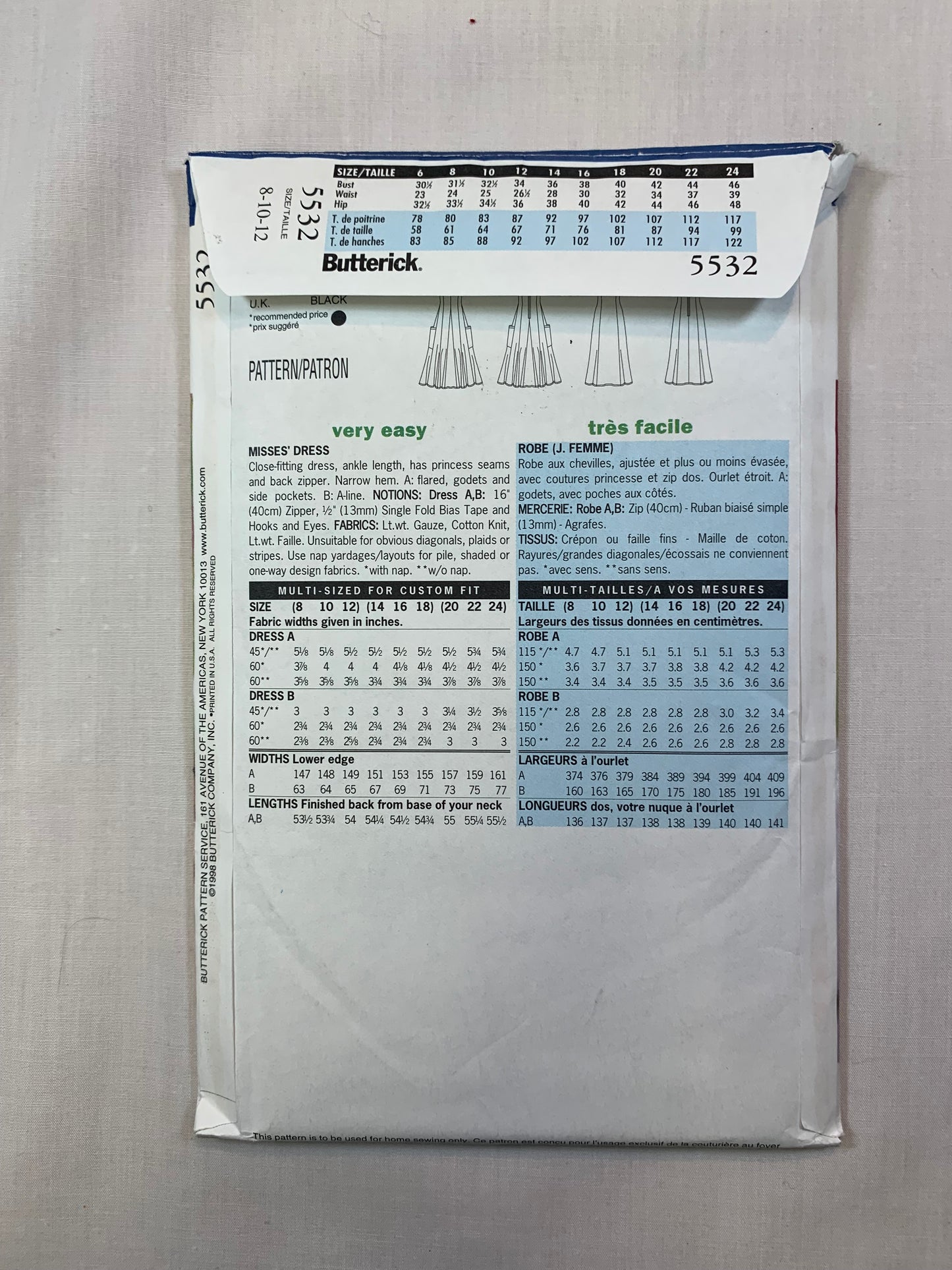 Butterick 5532 Misses' Dress Size 8-12, Uncut, Vintage 1998