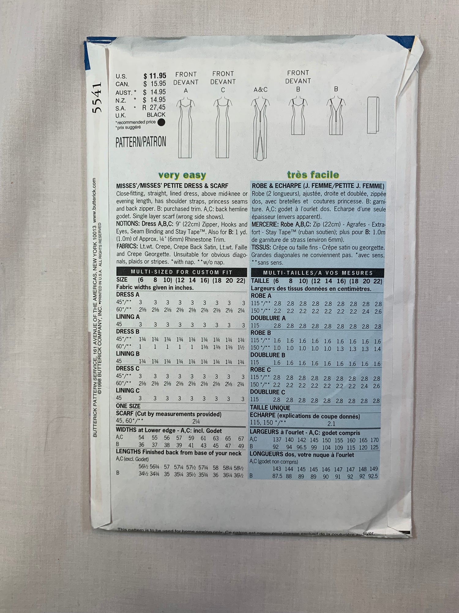 Butterick 5541 Misses'/Misses' Petite Dress, Scarf, Size 12-16, Uncut, Vintage 1998