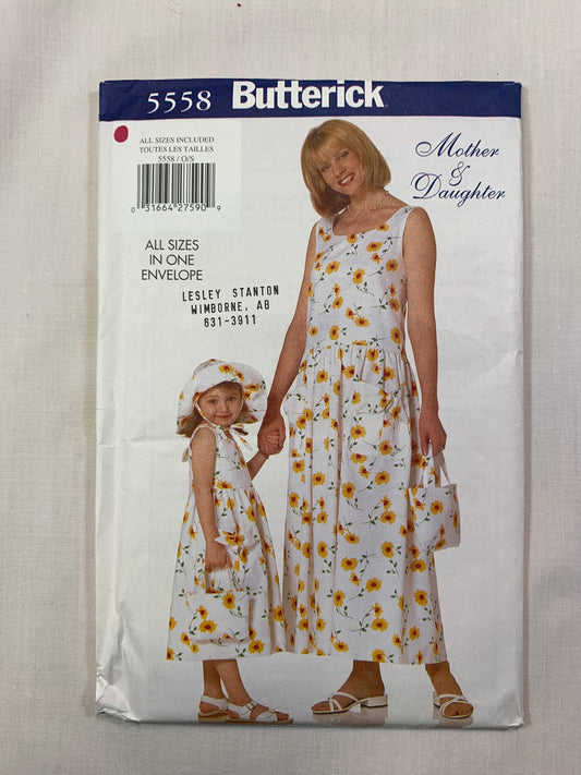 Butterick 5558 Mother & Daughter, Misses'/Girls' Dress, Bag, Child Hat, All Sizes, Uncut, Vintage 1998