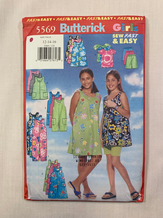 Butterick 5569 Girls' Dress, Top, Jumpsuit, Pants, Size 12-16, Uncut, Vintage 1998