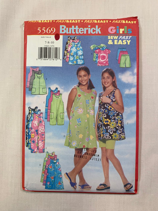 Butterick 5569 Girls' Dress, Top, Jumpsuit, Pants, Size 7-10, Uncut, Vintage 1998