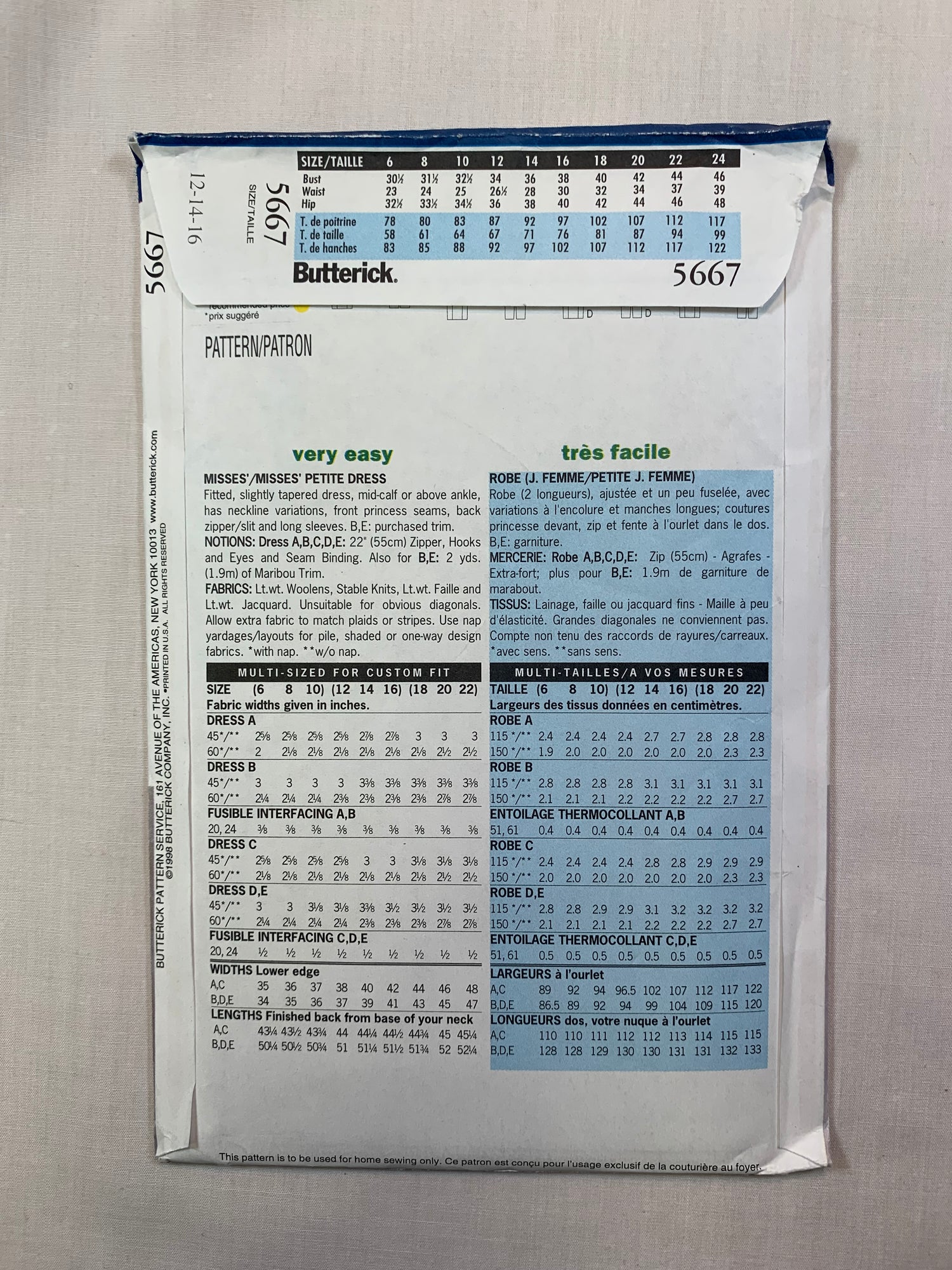 Butterick 5667 Misses'/Misses' Petite Dress, Size 12-16, Uncut, Vintage 1998