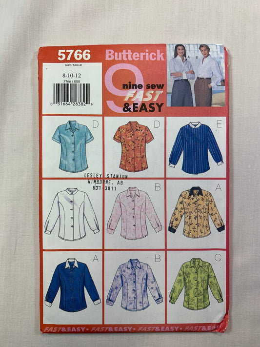 Butterick 5766 Misses' Blouse, Size 8-12, Uncut, Vintage 1998