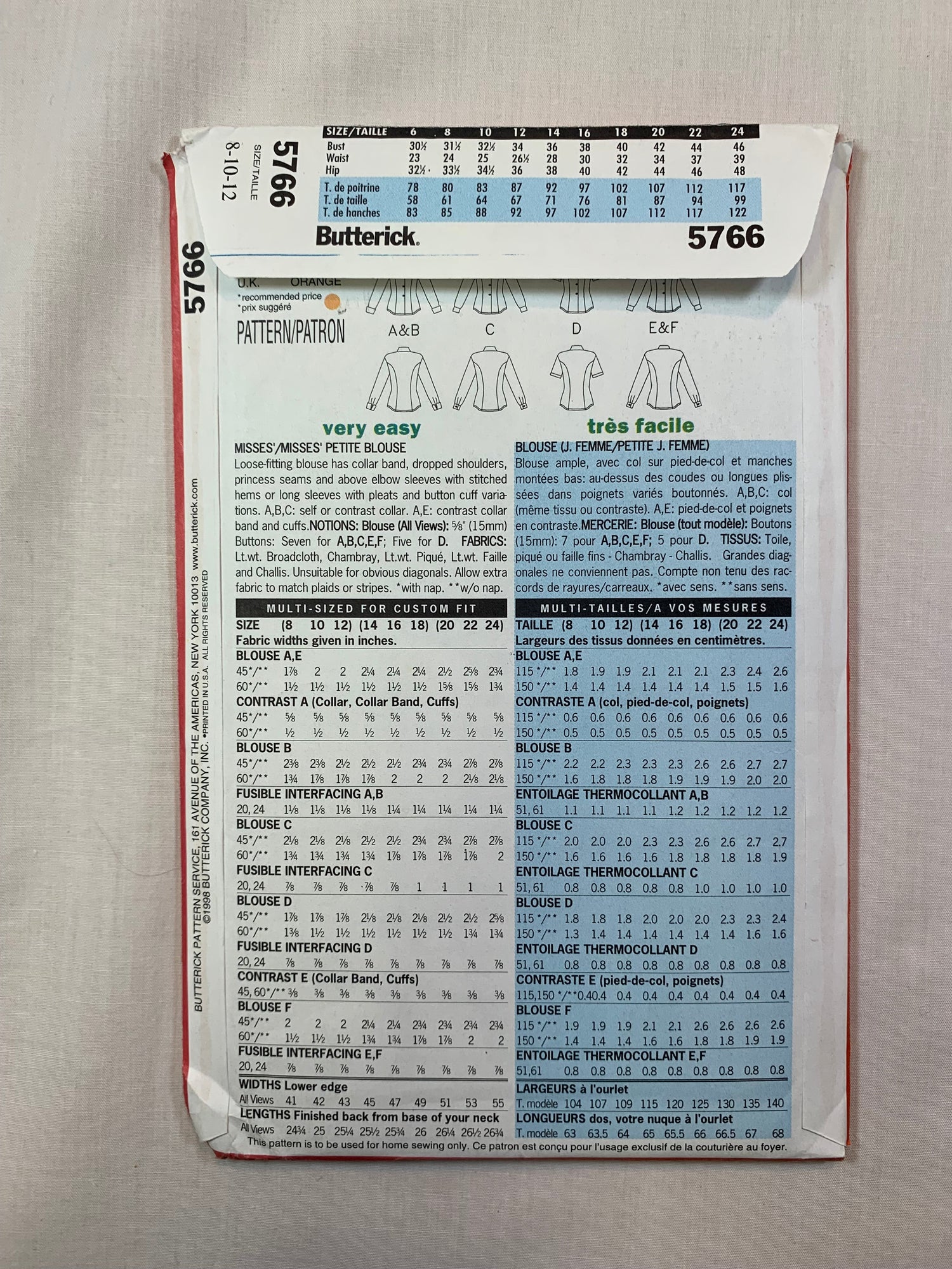 Butterick 5766 Misses' Blouse, Size 8-12, Uncut, Vintage 1998