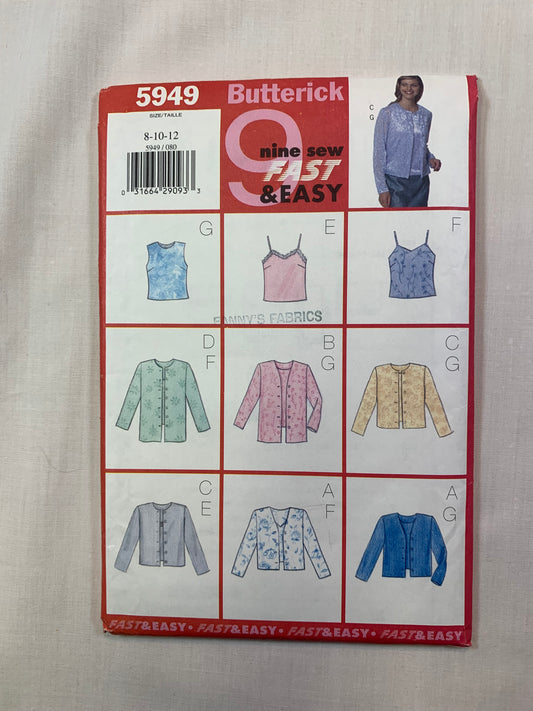 Butterick 5949 Misses'/Misses' Petite Cardigan, Top, Size 8-12, Uncut, Vintage 1998