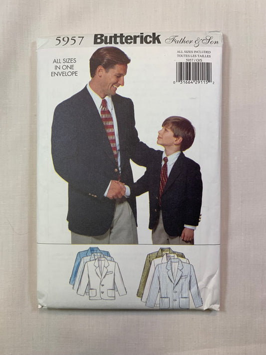 Butterick 5957, Men's/Boys' Jacket, Pockets, Shoulder Pads, Button Front, Collar, Loose-Fitting, All Sizes, Uncut, Vintage 1999