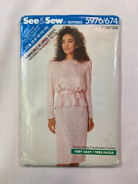 Butterick 5976 Misses' Top, Skirt, Size 6-14, Cut, Vintage 1987