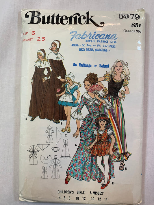 Butterick 5979, Girls' Costumes, Halloween, Quakers, Dutch, Gypsy, Pilgrim, Colonial, Size 6, Cut, Vintage 1980