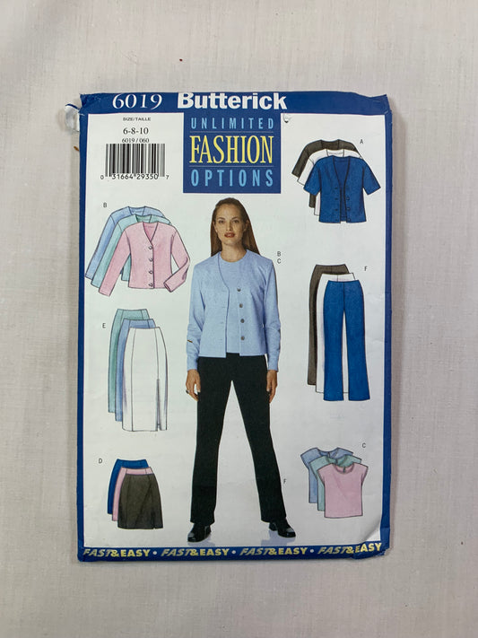 Butterick 6019 Misses'/Misses' Petite Cardigan, Top, Skirt, Pants, Size 6-10, Uncut, Vintage 1999