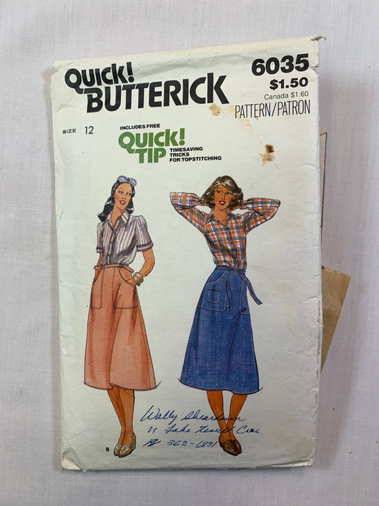 Butterick 6035 Misses' Skirts, Top, Size 12, Cut, Vintage 1970