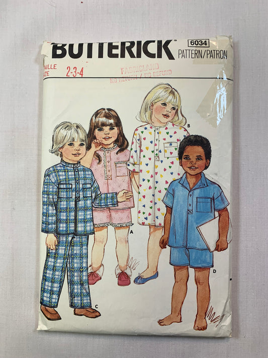 Butterick 6034 Girls' Boys' Nightshirt, Top, Pants, Shorts, Pajamas, Size 2-4, Cut, Vintage 1980