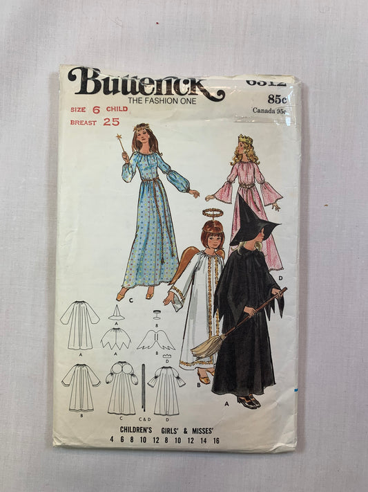 Butterick Sewing Pattern 6312 Girls' Costumes, Halloween, Fairy Godmother, Princess, Angel, Witch, Size 6, Cut, Vintage 1980