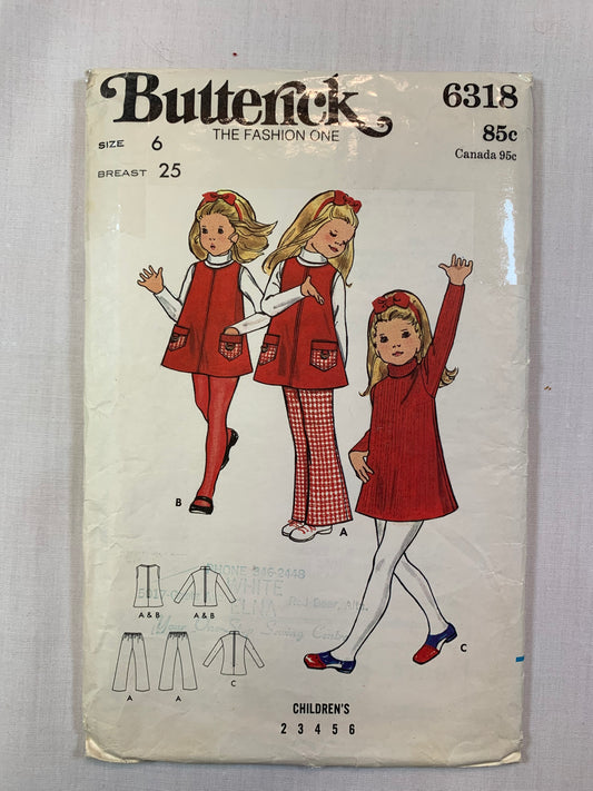 Butterick 6318 Girls' Tops, Dress, Jumper, Pants, Size 6, Cut, Vintage 1970