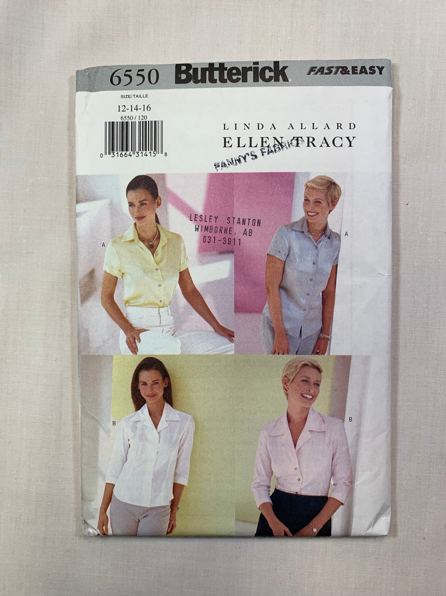 Butterick 6550 Misses' Blouse, Size 12-14, Uncut, 2000