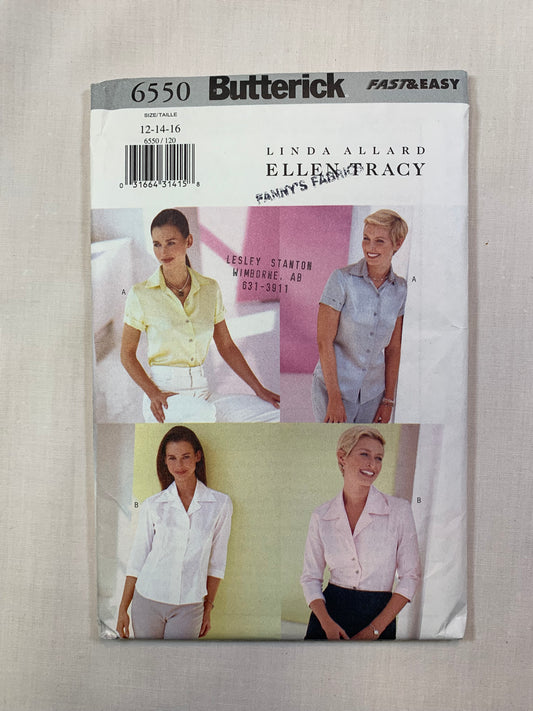 Butterick 6550 Misses' Blouse, Size 12-14, Uncut, 2000