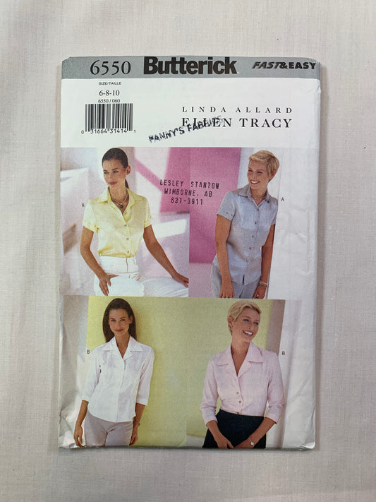 Butterick 6550 Misses' Blouse, Size 6-10, Uncut, 2000