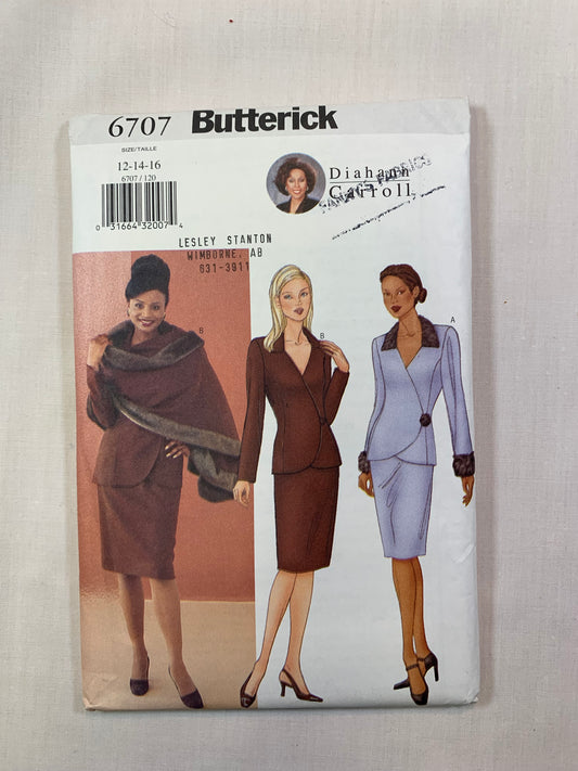 Butterick 6707 Misses'/Misses' Petite Lined Jacket, Skirt, Stole, Size 14-16, Uncut, 2000