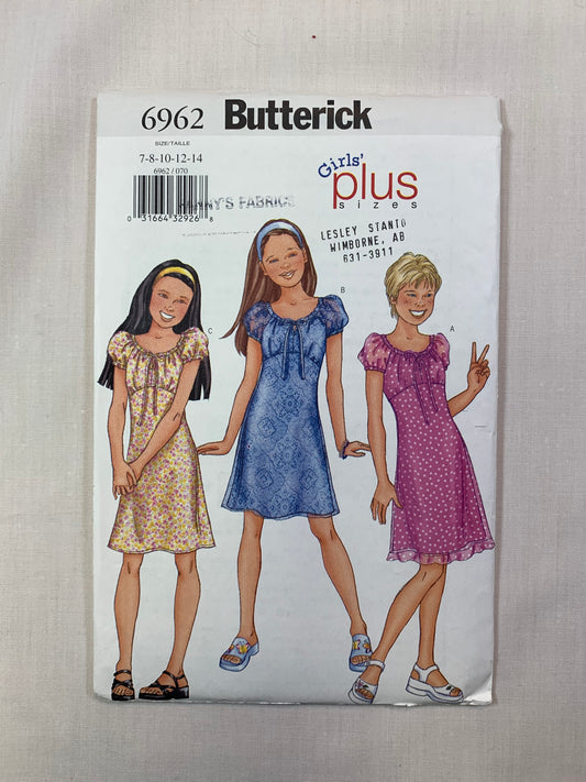 Butterick 6962 Girls' Plus Dress, Size 7-14, Uncut, 2000