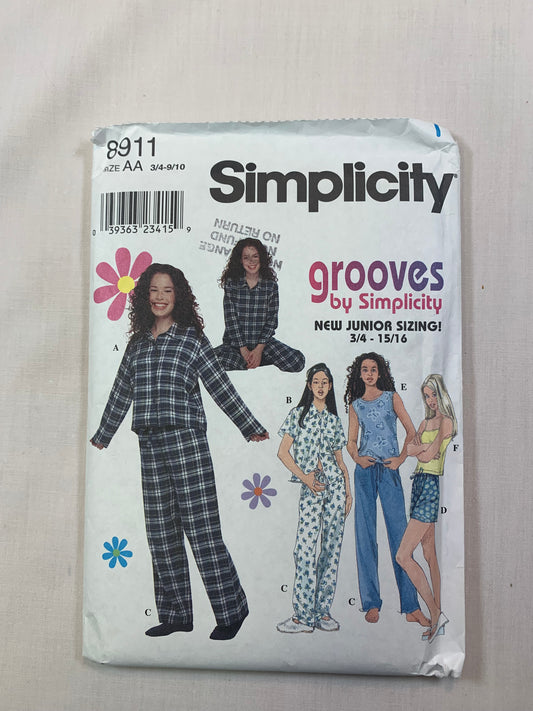 Simplicity 8911 Grooves Girls' Junior Pajamas, Top, Pants, Size 3-10, Uncut, Vintage 1999