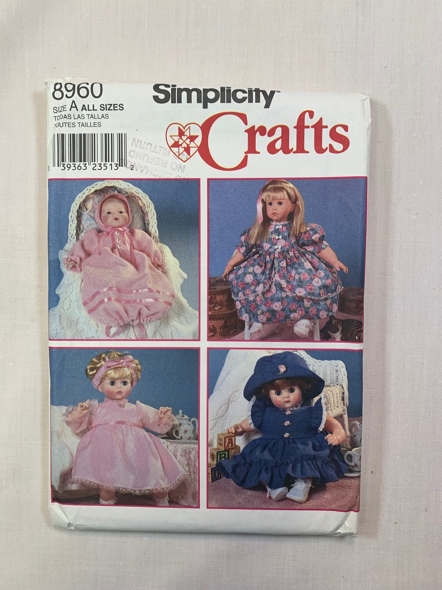 Simplicity 8960 Crafts Doll Clothes, Size 12"-22" Dolls, Cut, Vintage 1999