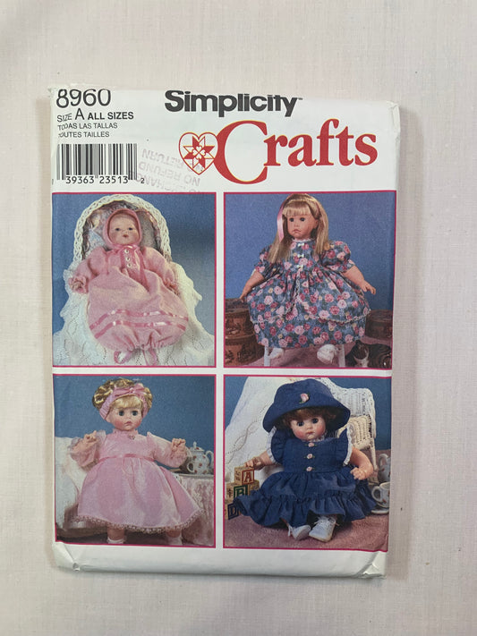 Simplicity 8960 Crafts Doll Clothes, Size 12"-22" Dolls, Cut, Vintage 1999