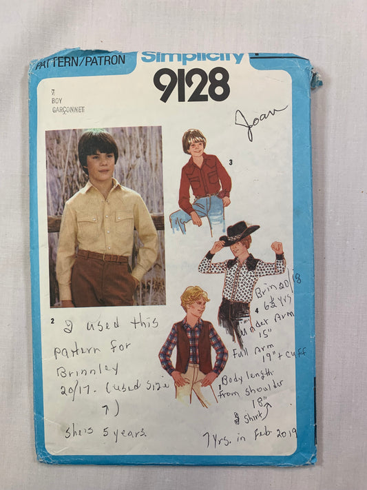 Simplicity 9128 Boys' Western Shirt, Reversible Vest, Size 7, Cut, Vintage 1979