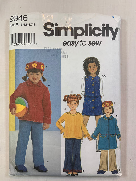 Simplicity 9346 Girls' Jumper, Top, Pants, Coats, Jacket, Hat, Size 3-8, Cut, Vintage 1980
