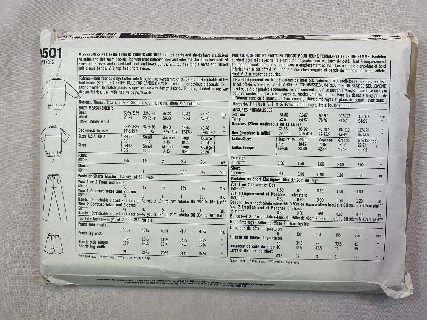 Simplicity 9501 Misses'/Miss Petite Knit Pants, Shorts, Tops, Size 30-42, Cut, Vintage 1989