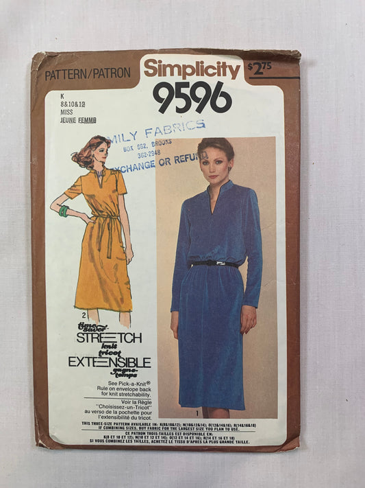 Simplicity 9596 Misses' Dress, Size 8-10, Cut, Vintage 1980