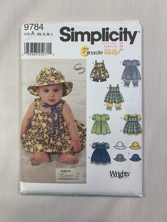 Simplicity 9784 Babies, Infants, Dress, Panties, Pinafore, Pantaloons, Hat, Size 7-18 Pounds, Cut, 2001