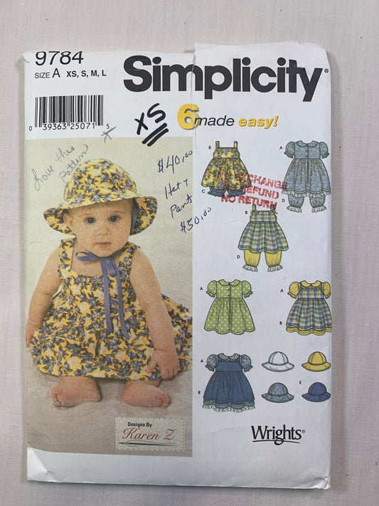 Simplicity 9784 Babies, Infants, Dress, Panties, Pinafore, Pantaloons, Hat, Size 7-24 Pounds, Cut, 2001