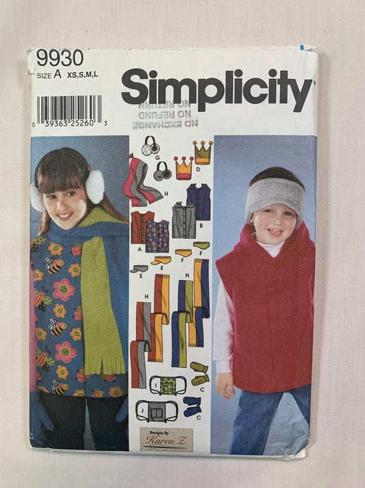 Simplicity 9930 Fashion Accessories, Girls' Boys' Child's, Vest, Hats, Headband, Mittens, Ear Muffs, Four Sizes, Cut, 2001