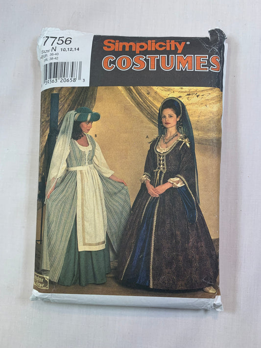 Simplicity Sewing Pattern 7756 Misses' Costumes, Renaissance, Medieval Dresses, Long/Short SleevesBlouse, Apron, Size 10-14, Cut, Vintage 1997
