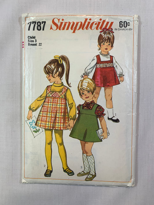 Simplicity 7787 Girls' Blouse, Jumper, Size 3, Cut, Vintage 1968