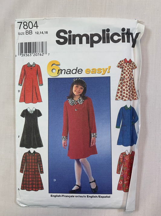 Simplicity 7804 Girls' Dress, Size 12-16, Uncut, Vintage 1997