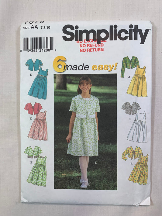 Simplicity 7979 Girls' Dress, Jacket, Size 7-10, Uncut, Vintage 1997
