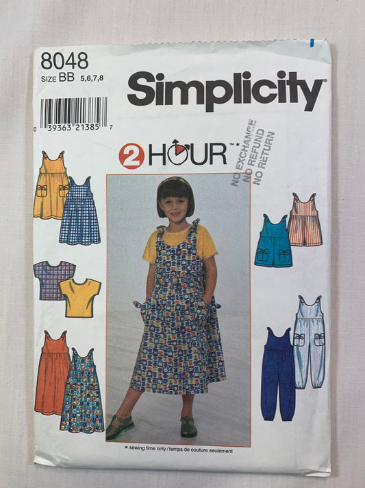 Simplicity 8048 Girls' Dress, Jumper, Romper, Top, Jumpsuit, Size 5-8, Uncut, Vintage 1998