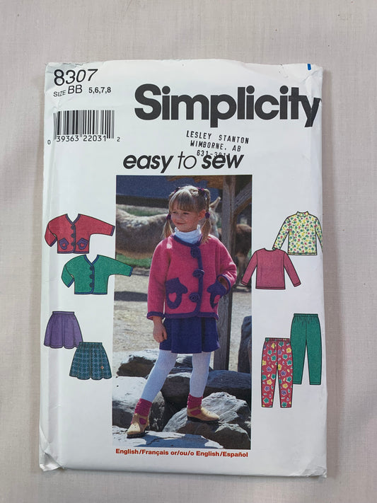 Simplicity 8307 Child's, Girls' Jacket, Pants, Skirt, Knit Top, Size 5-8, Uncut, Vintage 1999