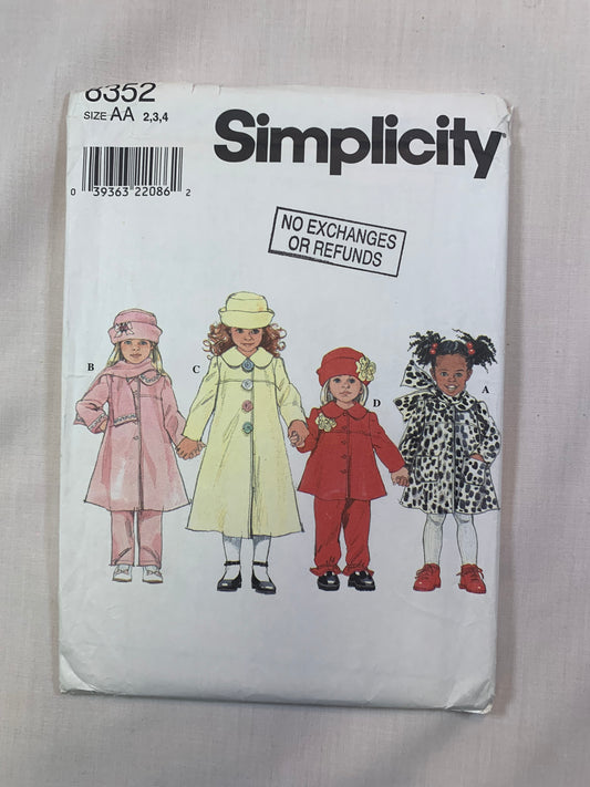 Simplicity 8352 Girls' Pants, Coats, Jacket, Hat, Scarf, Size2-4, Uncut, Vintage 1998