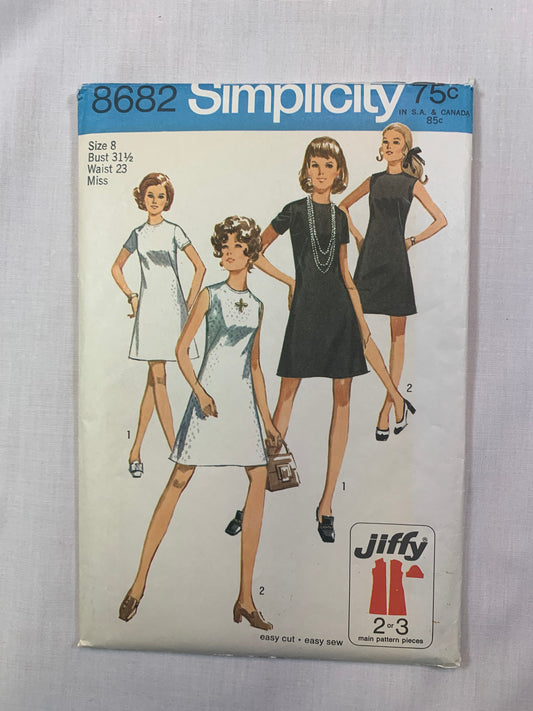 Simplicity 8682 Jiffy Misses' Dress, Size 8, Cut, Vintage 1978
