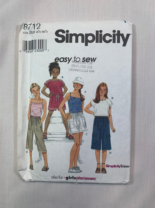 Simplicity 8712 Child's Girls' Shorts, Knit Tops, Size 8 1/2-16 1/2 , Uncut, Vintage 1999