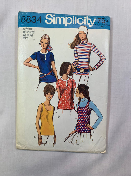 Simplicity 8834 Misses' Blouses, Tank Top, Size 10, Uncut, Vintage 1970