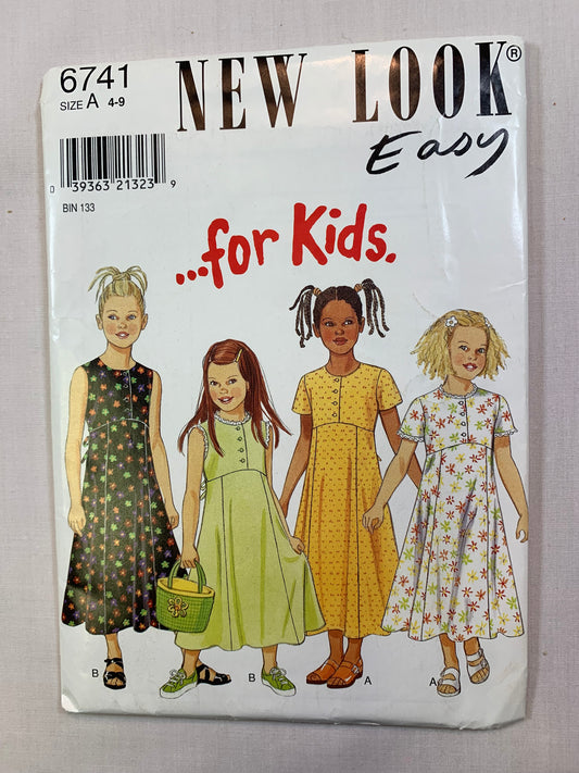 Simplicity New Look 6741 Girls' Dress, Princess Seams, Short Sleeves, Sleeveless, Tie Back, Full Skirt, Size 4-9, Uncut, Vintage 1980