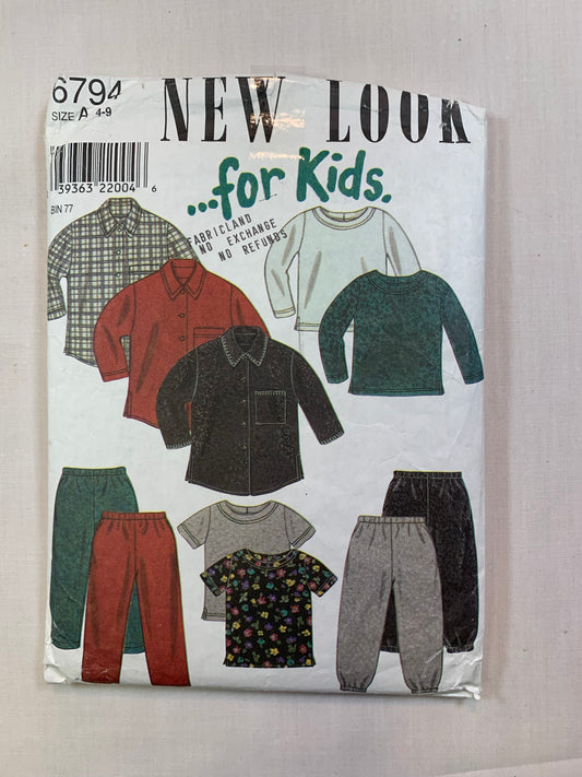 Simplicity New Look Sewing Pattern 6794 Childrens' Boys'/Girls' Tops, 2 Variations of Pants, Pockets, Collar, Elastic Waist, Long Short Sleeves, Size 4-9, Cut, Vintage 1999