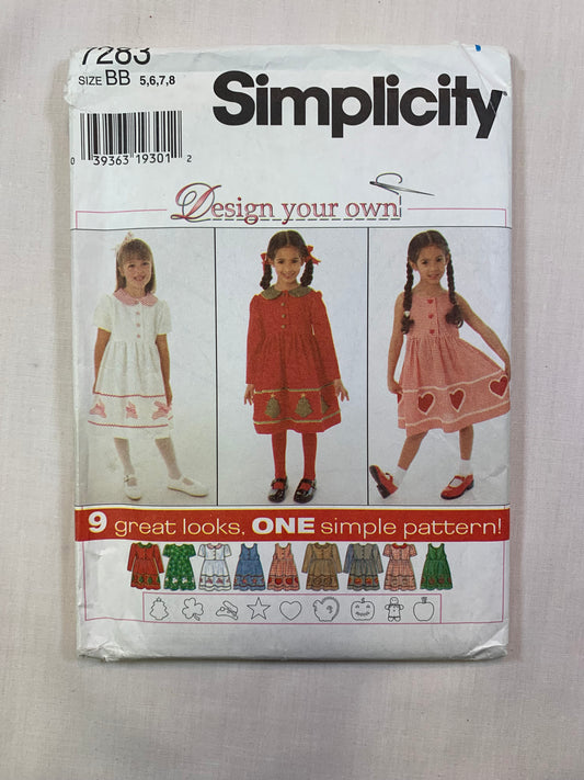 Simplicity 7283 Girls' Dress, Romper, Size 5-8, Uncut, Vintage 1996