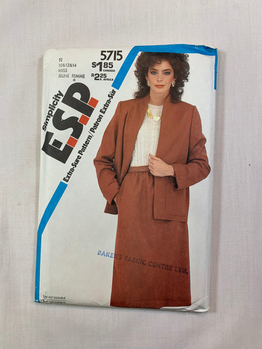 Simplicity 5715 Misses' Unlined Jacket, Skirt, Size 10-14, Cut, Vintage 1983