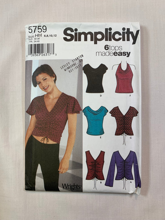 Simplicity 5759 Misses' Pullover Knit Tops, Size 6-12, Uncut, 2002