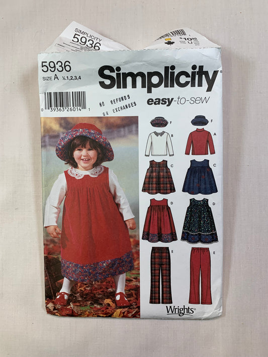 Simplicity 5936 Toddlers' Girls' Jumper, Top, Pants, Hat, Size 1/2-4, Uncut, 2002
